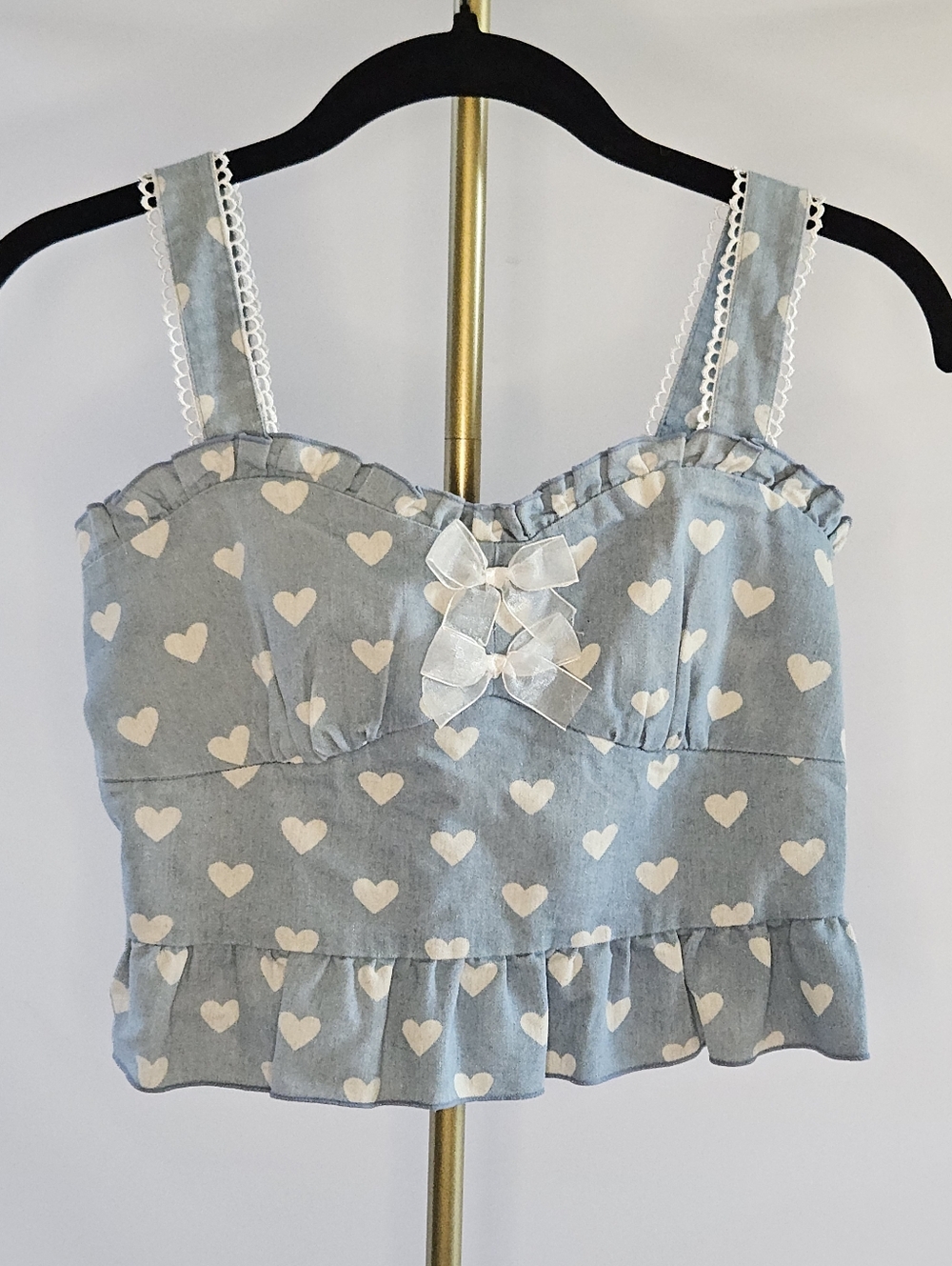 Mon Lily Light Blue White Heart Print Ruffle Bow Coquette Camisole Top